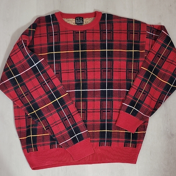 JOS A BANK Mens Plaid Crewneck Sweater Size XL Red Cotton Vintage Grandpa Y2K - Picture 9 of 11
